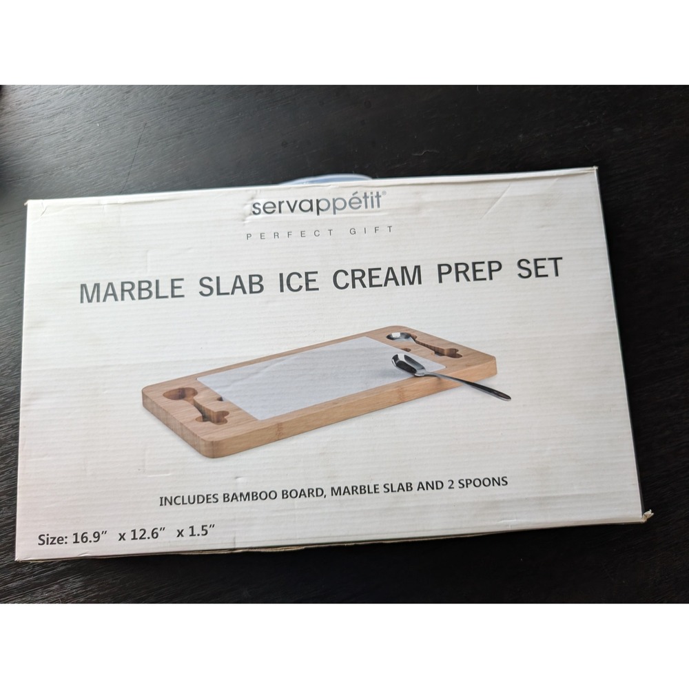 Servappetit Marble Slab Ice Cream Prep Set Bamboo Board 2 Spoons New 17" Dessert